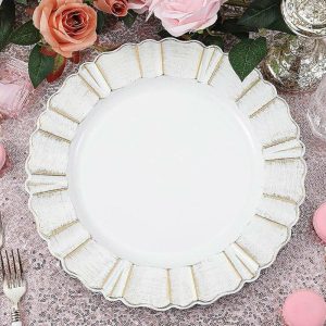 Acrylic & Glass Chargers |  6 Pack 13″ Round White Acrylic Plastic Charger Plates With Gold Brushed Wavy Scalloped Rim