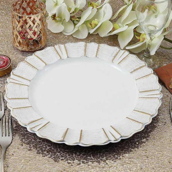 Acrylic & Glass Chargers |  6 Pack 13″ Round White Acrylic Plastic Charger Plates With Gold Brushed Wavy Scalloped Rim