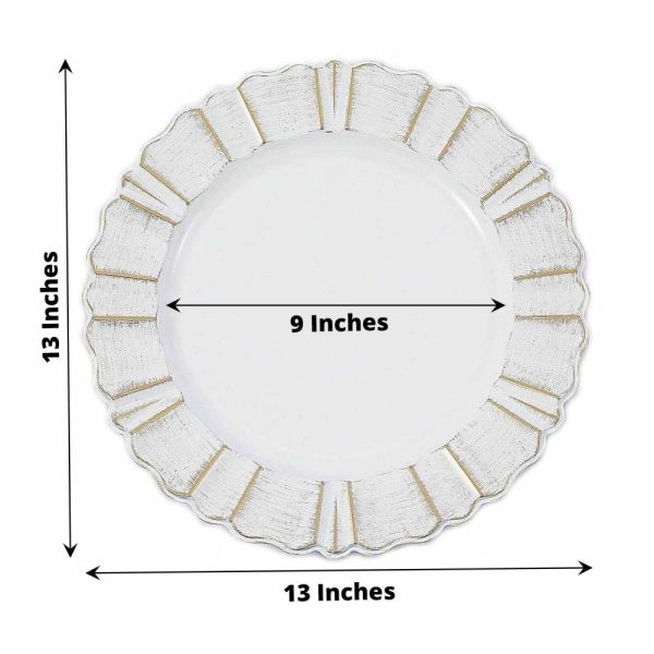 Acrylic & Glass Chargers |  6 Pack 13″ Round White Acrylic Plastic Charger Plates With Gold Brushed Wavy Scalloped Rim