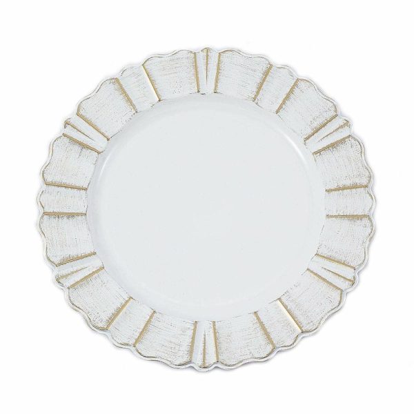 Acrylic & Glass Chargers |  6 Pack 13″ Round White Acrylic Plastic Charger Plates With Gold Brushed Wavy Scalloped Rim