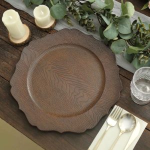 Acrylic & Glass Chargers |  6 Pack 13″ Rustic Brown Embossed Wood Grain Acrylic Charger Plates with Scalloped Rim