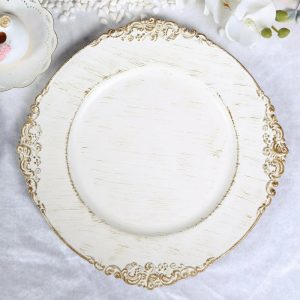 Acrylic & Glass Chargers |  6 Pack 13″ White Washed Gold Embossed Baroque Charger Plates, Round With Antique Design Rim