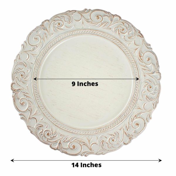 Acrylic & Glass Chargers |  6 Pack 14″ Antique White Gold Vintage Plastic Charger Plates With Engraved Baroque Rim, Round Disposable Serving Trays