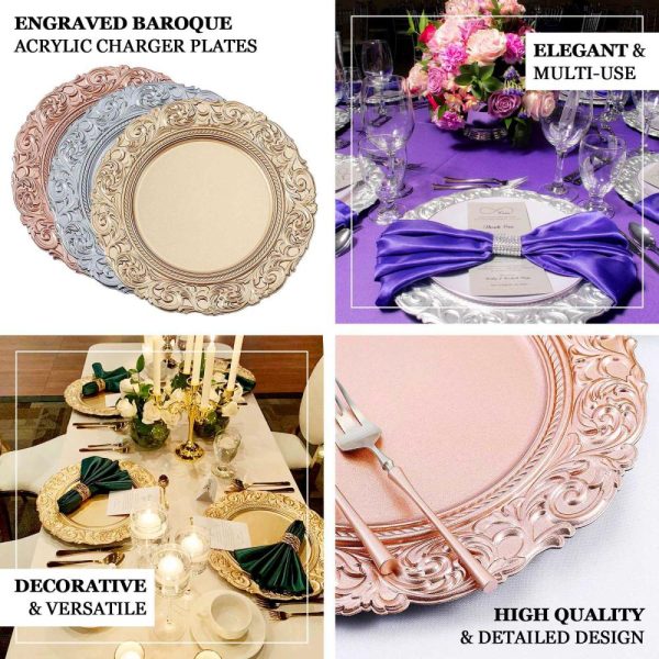 Acrylic & Glass Chargers |  6 Pack 14″ Antique White Gold Vintage Plastic Charger Plates With Engraved Baroque Rim, Round Disposable Serving Trays