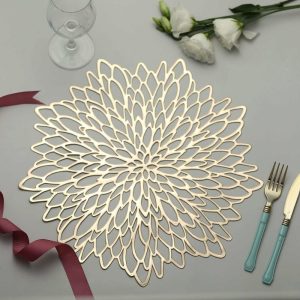 Acrylic & Glass Chargers |  6 Pack 15″ Gold Decorative Floral Vinyl Placemats, Non-Slip Round Dining Table Mats