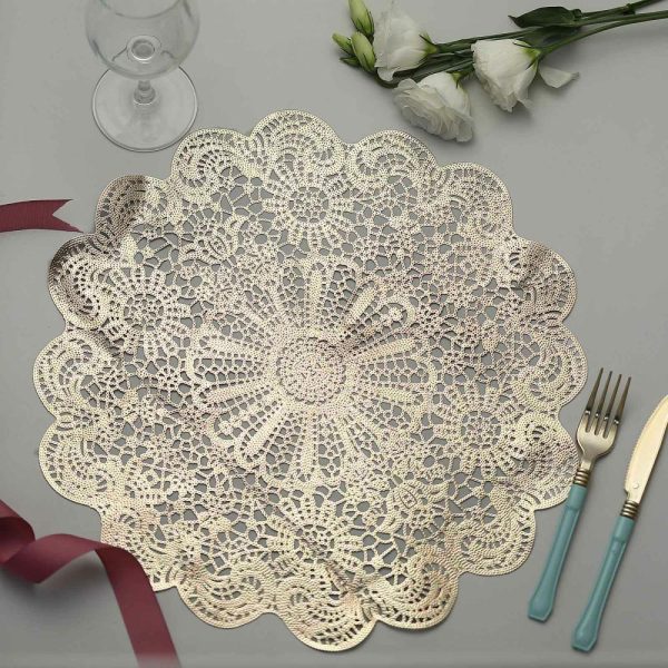 Acrylic & Glass Chargers |  6 Pack 15″ Gold Vintage Floral Lace Vinyl Placemats, Non-Slip Dining Table Mats