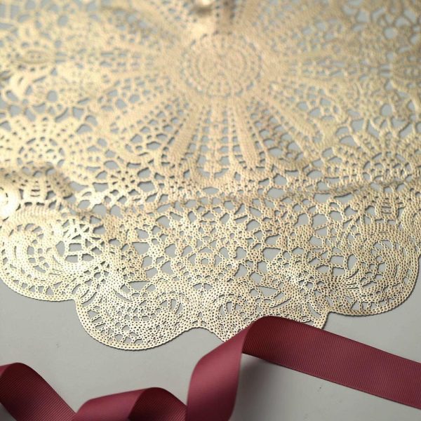 Acrylic & Glass Chargers |  6 Pack 15″ Gold Vintage Floral Lace Vinyl Placemats, Non-Slip Dining Table Mats