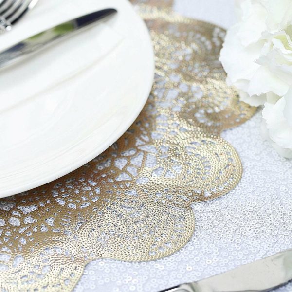 Acrylic & Glass Chargers |  6 Pack 15″ Gold Vintage Floral Lace Vinyl Placemats, Non-Slip Dining Table Mats