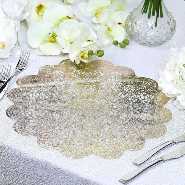 Acrylic & Glass Chargers |  6 Pack 15″ Gold Vintage Floral Lace Vinyl Placemats, Non-Slip Dining Table Mats