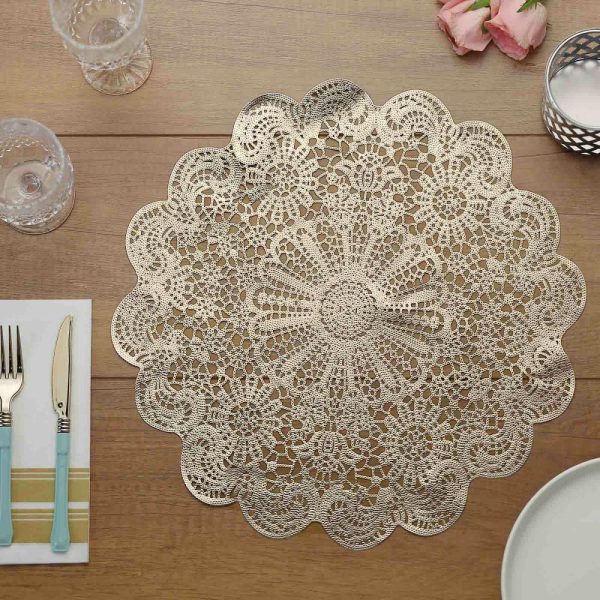 Acrylic & Glass Chargers |  6 Pack 15″ Gold Vintage Floral Lace Vinyl Placemats, Non-Slip Dining Table Mats