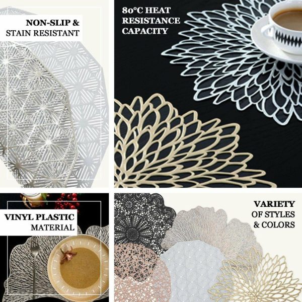 Acrylic & Glass Chargers |  6 Pack 15″ Gold Vintage Floral Lace Vinyl Placemats, Non-Slip Dining Table Mats