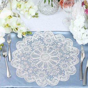 Acrylic & Glass Chargers |  6 Pack 15″ White Vintage Floral Lace Vinyl Placemats, Non-Slip Dining Table Mats