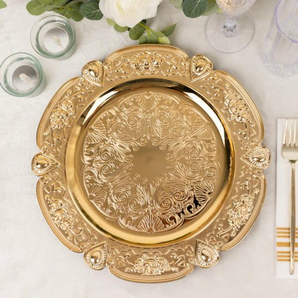 Acrylic & Glass Chargers |  6 Pack Gold Round Acrylic Charger Plates With Floral Embossed Scalloped Rim, 13″ Unbreakable Plastic Decorative Serving Plates