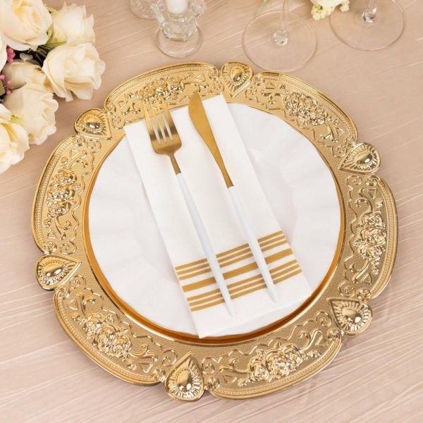 Acrylic & Glass Chargers |  6 Pack Gold Round Acrylic Charger Plates With Floral Embossed Scalloped Rim, 13″ Unbreakable Plastic Decorative Serving Plates