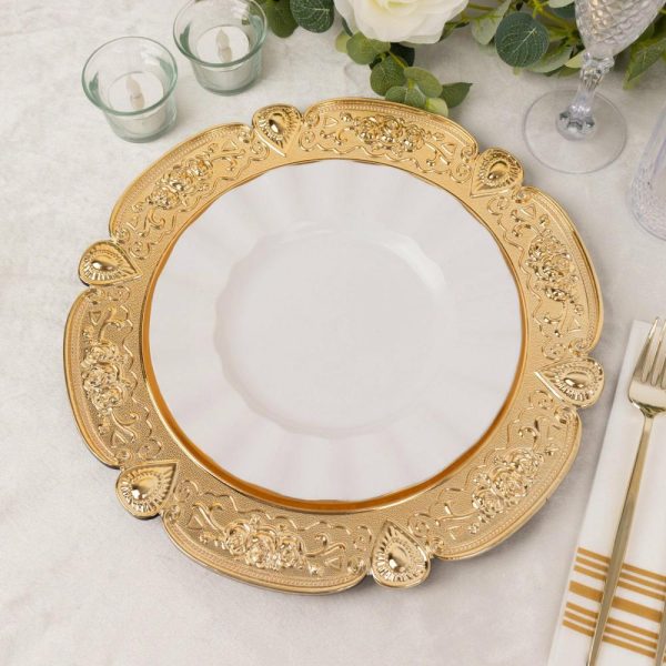 Acrylic & Glass Chargers |  6 Pack Gold Round Acrylic Charger Plates With Floral Embossed Scalloped Rim, 13″ Unbreakable Plastic Decorative Serving Plates