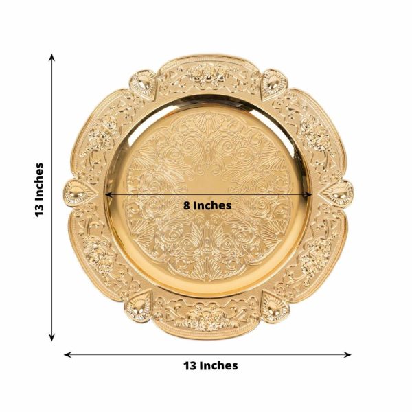 Acrylic & Glass Chargers |  6 Pack Gold Round Acrylic Charger Plates With Floral Embossed Scalloped Rim, 13″ Unbreakable Plastic Decorative Serving Plates