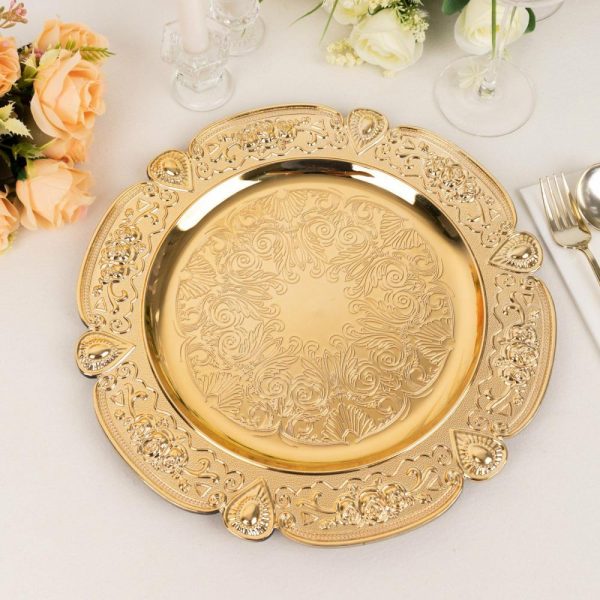 Acrylic & Glass Chargers |  6 Pack Gold Round Acrylic Charger Plates With Floral Embossed Scalloped Rim, 13″ Unbreakable Plastic Decorative Serving Plates