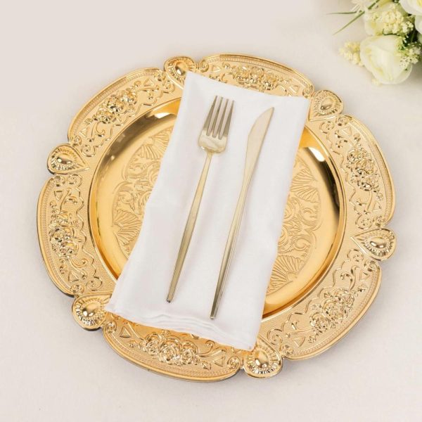 Acrylic & Glass Chargers |  6 Pack Gold Round Acrylic Charger Plates With Floral Embossed Scalloped Rim, 13″ Unbreakable Plastic Decorative Serving Plates