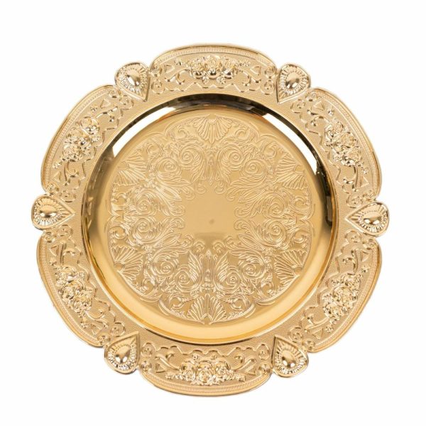 Acrylic & Glass Chargers |  6 Pack Gold Round Acrylic Charger Plates With Floral Embossed Scalloped Rim, 13″ Unbreakable Plastic Decorative Serving Plates