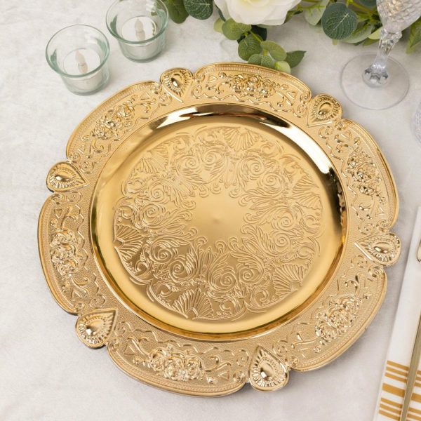 Acrylic & Glass Chargers |  6 Pack Gold Round Acrylic Charger Plates With Floral Embossed Scalloped Rim, 13″ Unbreakable Plastic Decorative Serving Plates