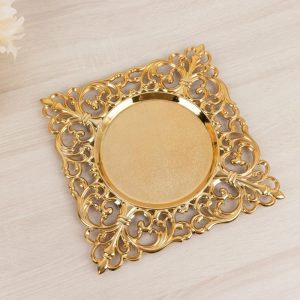 Acrylic & Glass Chargers |  6 Pack Gold Square Acrylic Charger Plates with Hollow Lace Border, 12″ Dinner Chargers Event Tabletop Decor