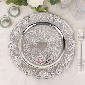 Acrylic & Glass Chargers |  6 Pack Silver Round Acrylic Charger Plates With Floral Embossed Scalloped Rim, 13″ Unbreakable Plastic Decorative Serving Plates