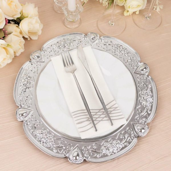 Acrylic & Glass Chargers |  6 Pack Silver Round Acrylic Charger Plates With Floral Embossed Scalloped Rim, 13″ Unbreakable Plastic Decorative Serving Plates