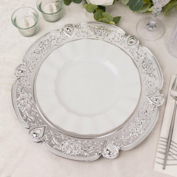 Acrylic & Glass Chargers |  6 Pack Silver Round Acrylic Charger Plates With Floral Embossed Scalloped Rim, 13″ Unbreakable Plastic Decorative Serving Plates