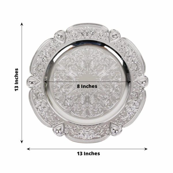 Acrylic & Glass Chargers |  6 Pack Silver Round Acrylic Charger Plates With Floral Embossed Scalloped Rim, 13″ Unbreakable Plastic Decorative Serving Plates