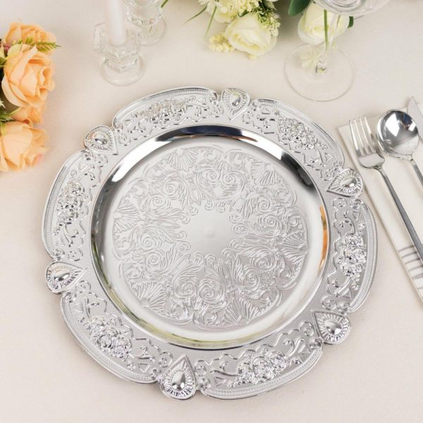 Acrylic & Glass Chargers |  6 Pack Silver Round Acrylic Charger Plates With Floral Embossed Scalloped Rim, 13″ Unbreakable Plastic Decorative Serving Plates