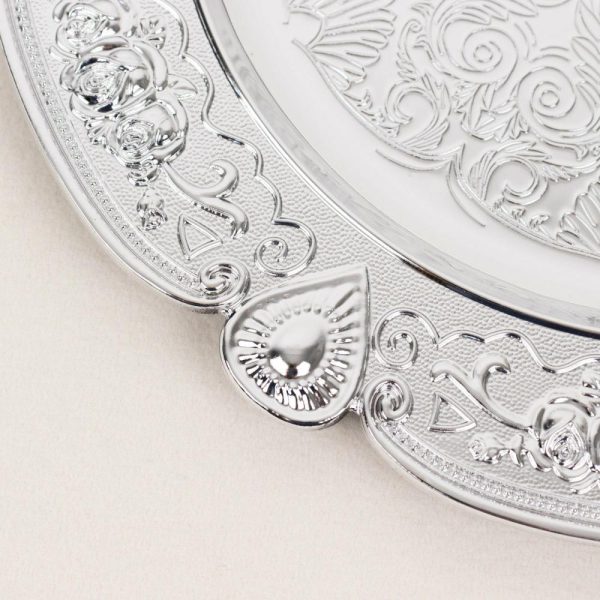 Acrylic & Glass Chargers |  6 Pack Silver Round Acrylic Charger Plates With Floral Embossed Scalloped Rim, 13″ Unbreakable Plastic Decorative Serving Plates