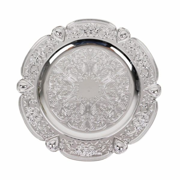 Acrylic & Glass Chargers |  6 Pack Silver Round Acrylic Charger Plates With Floral Embossed Scalloped Rim, 13″ Unbreakable Plastic Decorative Serving Plates