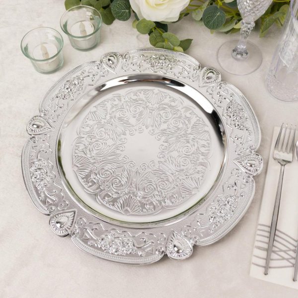 Acrylic & Glass Chargers |  6 Pack Silver Round Acrylic Charger Plates With Floral Embossed Scalloped Rim, 13″ Unbreakable Plastic Decorative Serving Plates