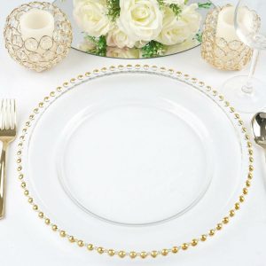 Acrylic & Glass Chargers |  8 Pack 12″ Gold Beaded Round Glass Charger Plates, Event Tabletop Decor