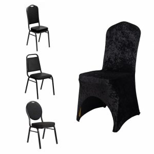 Banquet Chair Covers |  Black Crushed Velvet Spandex Stretch Wedding Chair Cover With Foot Pockets, Fitted Banquet Chair Cover – 190 GSM