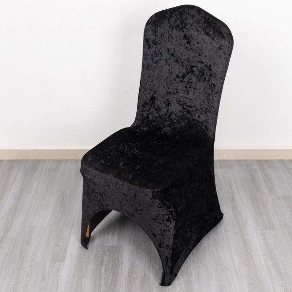 Banquet Chair Covers |  Black Crushed Velvet Spandex Stretch Wedding Chair Cover With Foot Pockets, Fitted Banquet Chair Cover – 190 GSM