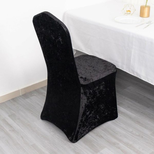 Banquet Chair Covers |  Black Crushed Velvet Spandex Stretch Wedding Chair Cover With Foot Pockets, Fitted Banquet Chair Cover – 190 GSM