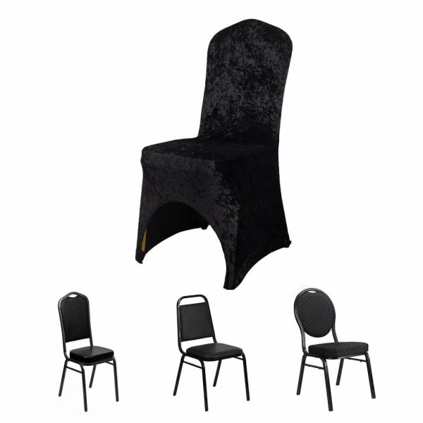 Banquet Chair Covers |  Black Crushed Velvet Spandex Stretch Wedding Chair Cover With Foot Pockets, Fitted Banquet Chair Cover – 190 GSM