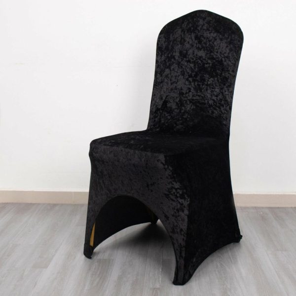 Banquet Chair Covers |  Black Crushed Velvet Spandex Stretch Wedding Chair Cover With Foot Pockets, Fitted Banquet Chair Cover – 190 GSM