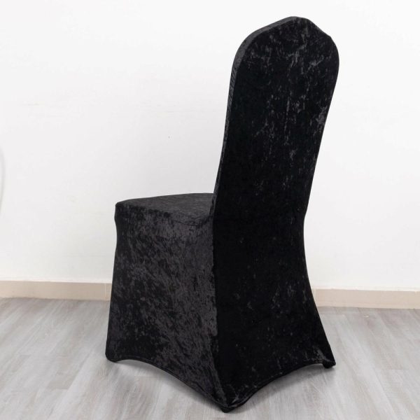 Banquet Chair Covers |  Black Crushed Velvet Spandex Stretch Wedding Chair Cover With Foot Pockets, Fitted Banquet Chair Cover – 190 GSM