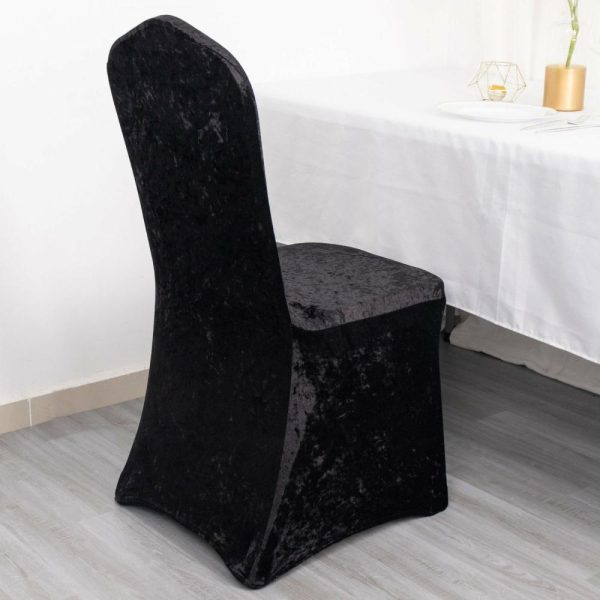 Banquet Chair Covers |  Black Crushed Velvet Spandex Stretch Wedding Chair Cover With Foot Pockets, Fitted Banquet Chair Cover – 190 GSM