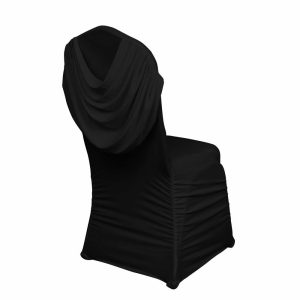 Banquet Chair Covers |  Black Ruched Swag Back Spandex Fitted Banquet Chair Cover With Foot Pockets