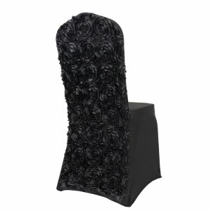 Banquet Chair Covers |  Black Satin Rosette Spandex Stretch Banquet Chair Cover, Fitted Slip On Chair Cover