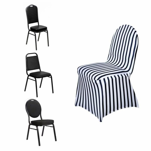 Banquet Chair Covers |  Black White Striped Spandex Stretch Banquet Chair Cover, Fitted Chair Cover With Foot Pockets