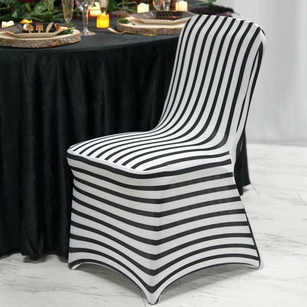 Banquet Chair Covers |  Black White Striped Spandex Stretch Banquet Chair Cover, Fitted Chair Cover With Foot Pockets