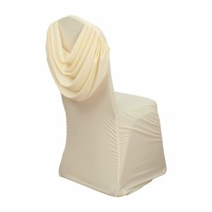 Banquet Chair Covers |  Ivory Ruched Swag Back Spandex Fitted Banquet Chair Cover With Foot Pockets