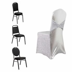 Banquet Chair Covers |  Metallic Silver Shimmer Tinsel Spandex Banquet Chair Cover With Attached Sash Band and Round Silver Rhinestone Buckle