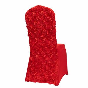 Banquet Chair Covers |  Red Satin Rosette Spandex Stretch Banquet Chair Cover, Fitted Slip On Chair Cover