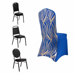 Banquet Chair Covers |  Royal Blue Gold Spandex Fitted Banquet Chair Cover With Wave Embroidered Sequins