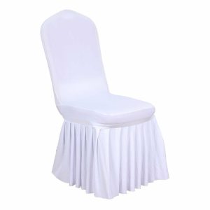 Banquet Chair Covers |  White 1-Piece Stretch Fitted Ruffle Pleated Skirt Banquet Slip On Chair Cover